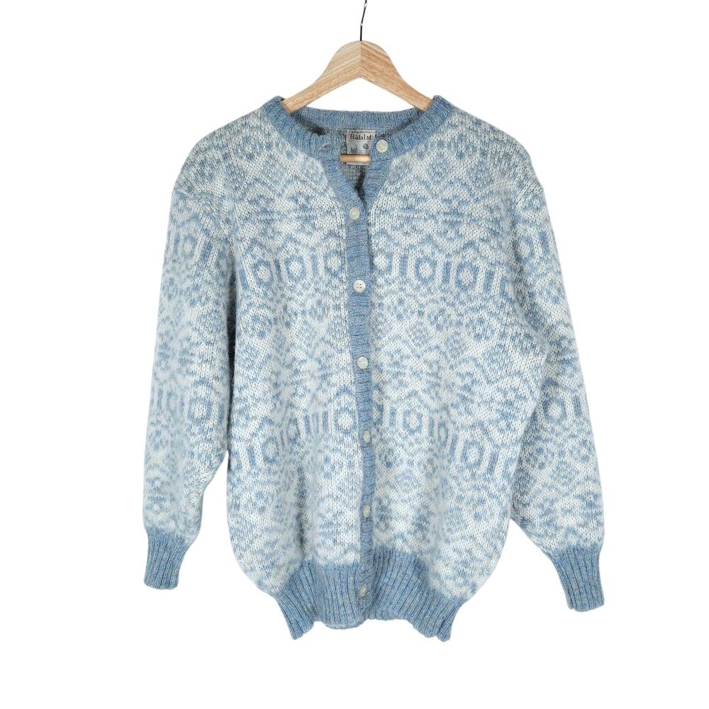 Vintage Hilda Ltd Womens Icelandic Wool Cardigan Sweater Medium Blue White